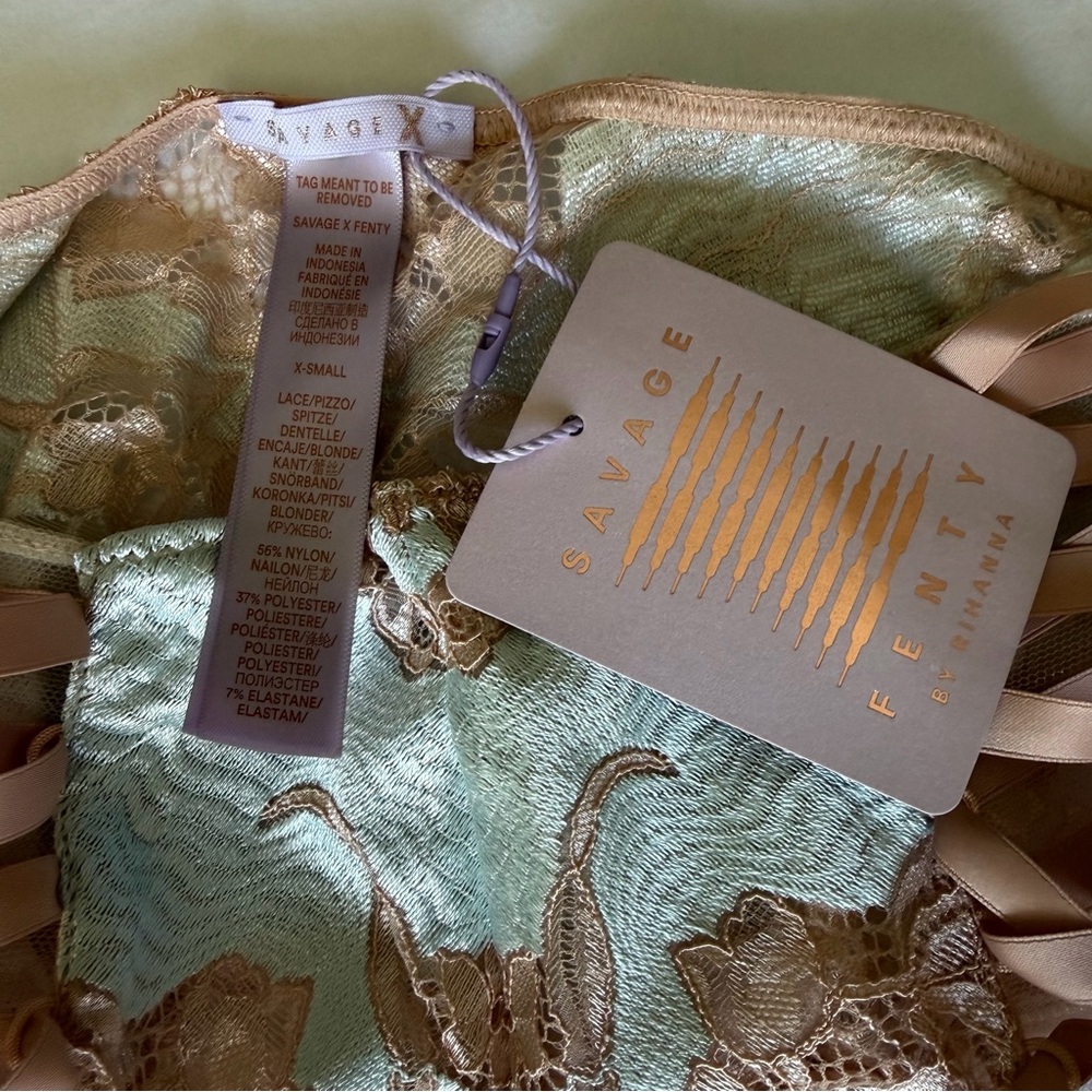 Savage x Fenty XS Matching Satin & Lace Corset Set - Nude & Mint - Picture 3 of 5